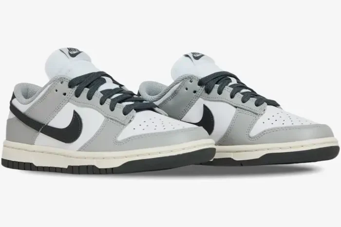 Nike Dunk Low Light Smoke Grey sneakers in a front three-quarter view. - SKU DD1503-117
