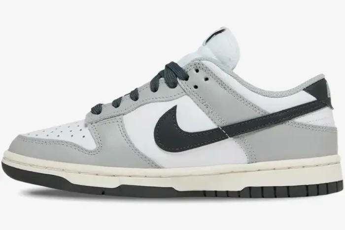 Nike Dunk Low Light Smoke Grey sneaker in a side profile view with white, grey, and black details. - SKU DD1503-117