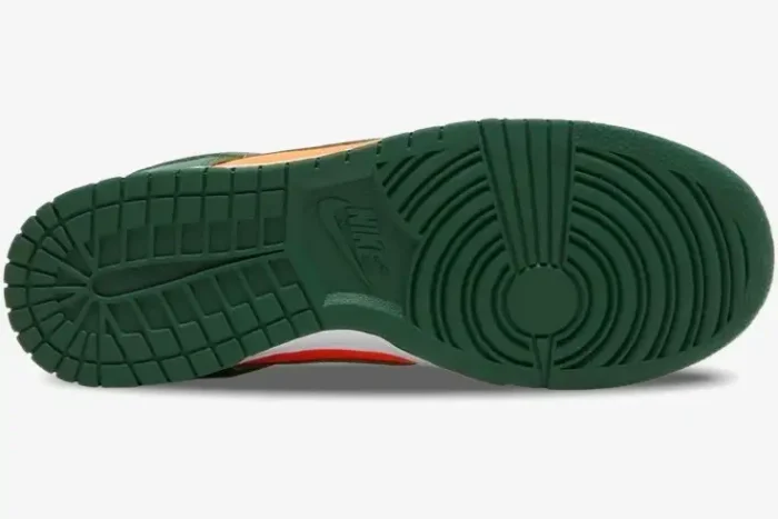 Bottom view of the Nike Dunk Low Miami Hurricanes showing the Gorge Green rubber outsole and traction pattern. - SKU DD1391-300