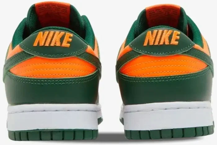 Rear view of Nike Dunk Low Miami Hurricanes sneakers in team orange and gorge green with white midsoles. - SKU DD1391-300