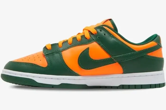 Nike Dunk Low Miami Hurricanes sneakers in Team Orange and Gorge Green, side profile view. - SKU DD1391-300