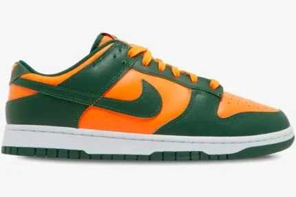 Nike Dunk Low Miami Hurricanes sneaker in orange and green, lateral side profile view. - SKU DD1391-300