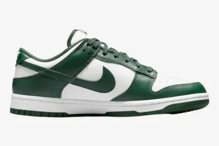 Side profile of the Nike Dunk Low Michigan State Spartan Green sneaker in white and dark green leather. - SKU DD1391-101