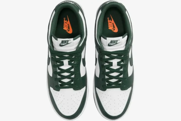 Top-down view of Nike Dunk Low Michigan State Spartan Green sneakers in white and dark green. - SKU DD1391-101