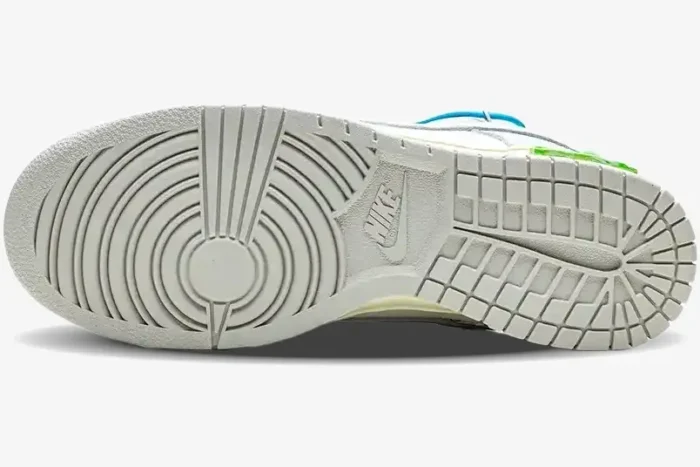 Bottom view of Nike Dunk Low x Off-White Lot 2 of 50 showing the light grey rubber outsole and traction pattern. - SKU DM1602115