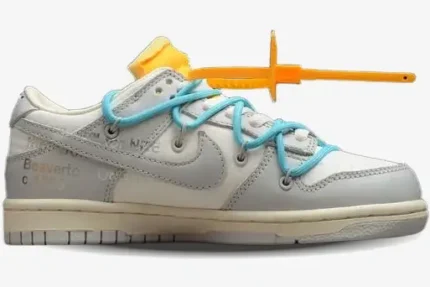 Nike Dunk Low x Off-White Lot 2 of 50 sneaker in white and grey with blue laces, side profile view. - SKU DM1602115