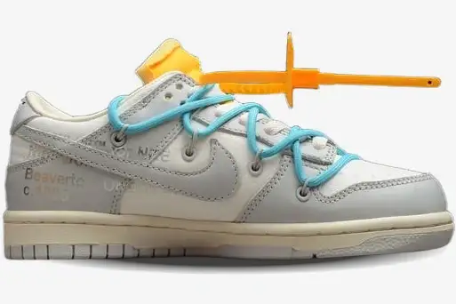 nike-dunk-low-off-white-lot-2-side-view-dm1602115-img1948 Nike Dunk Low x Off-White Lot 2 of 50 sneaker in white and grey with blue laces, side profile view. - SKU DM1602115