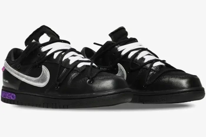 Black Nike Dunk Low x Off-White Lot 50 of 50 sneakers with silver swoosh, three-quarter view. - SKU DM1602-001