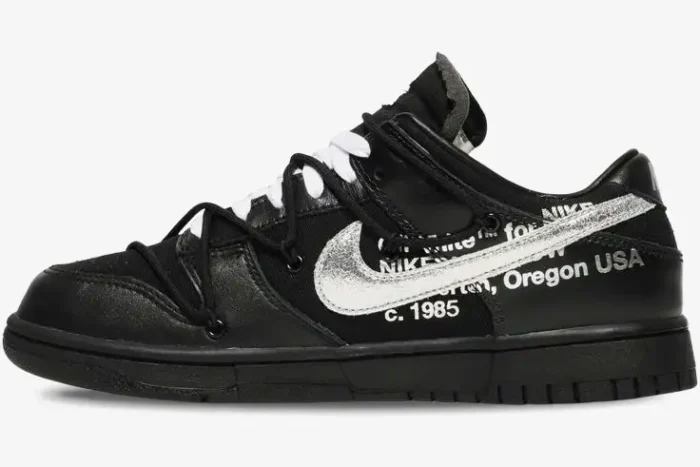 Nike Dunk Low x Off-White Lot 50 of 50 in black with a silver Swoosh, side profile view. - SKU DM1602-001