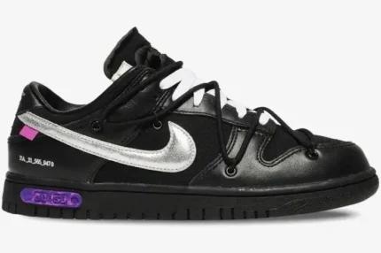 Nike Dunk Low x Off-White Lot 50 of 50 in black with silver Swoosh, side profile view. - SKU DM1602-001