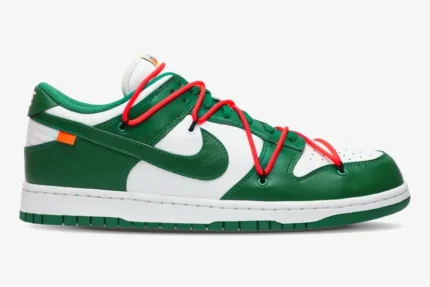 Nike Dunk Low x Off-White Pine Green sneaker, side profile view with red secondary laces. - SKU CT0856-100