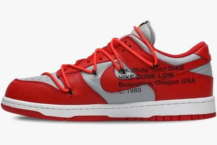 Nike Dunk Low x Off-White University Red sneaker in a side profile view with grey and red leather panels. - SKU CT0856-600