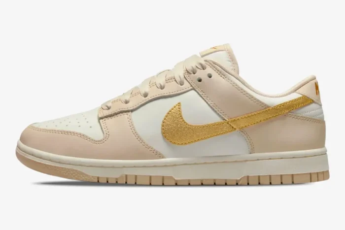 Nike Dunk Low Essential Trend Phantom Metallic Gold women's sneaker, side profile view. - SKU DX5930-001