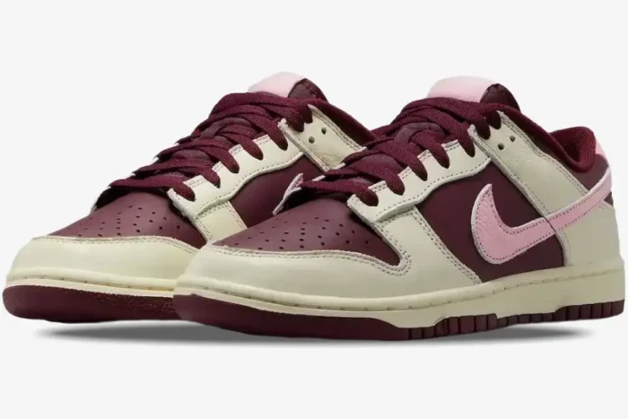 Nike Dunk Low Premium Valentine's Day sneakers in burgundy, sail, and pink, front three-quarter view. - SKU DR9705-200