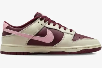 Nike Dunk Low Premium Valentine's Day sneaker in burgundy, cream, and pink, side profile view. - SKU DR9705-200