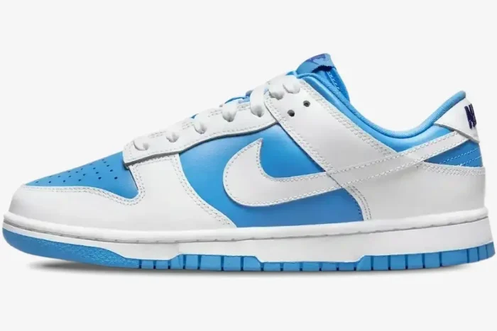 Nike Dunk Low Reverse University Blue sneaker, side profile view, white overlays on blue leather base. - SKU DJ9955-101