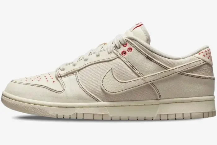 Nike Dunk Low SE Sashiko Light Orewood Brown sneaker, side profile view with red stitching details. - SKU DV0834-100