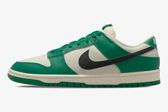 Side profile of Nike Dunk Low SE Lottery Malachite Green sneakers in green, cream, and black. - SKU DR9654-100