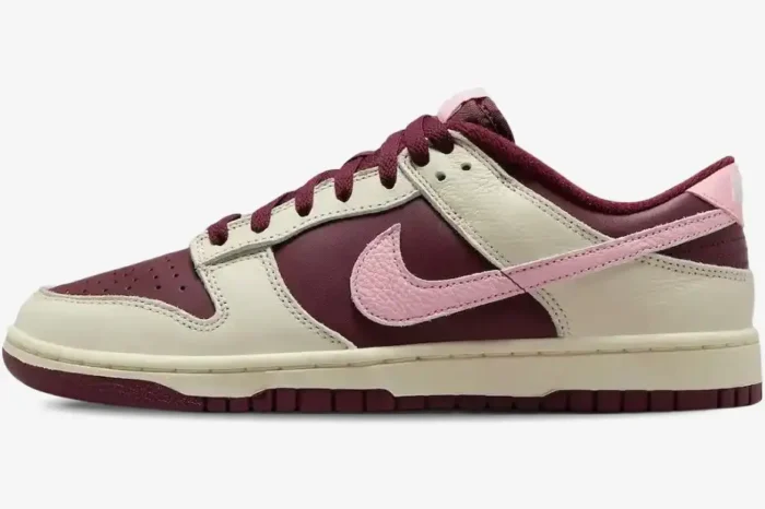 Side profile of Nike Dunk Low Premium Valentine's Day in burgundy, sail, and pink. - SKU DR9705-200