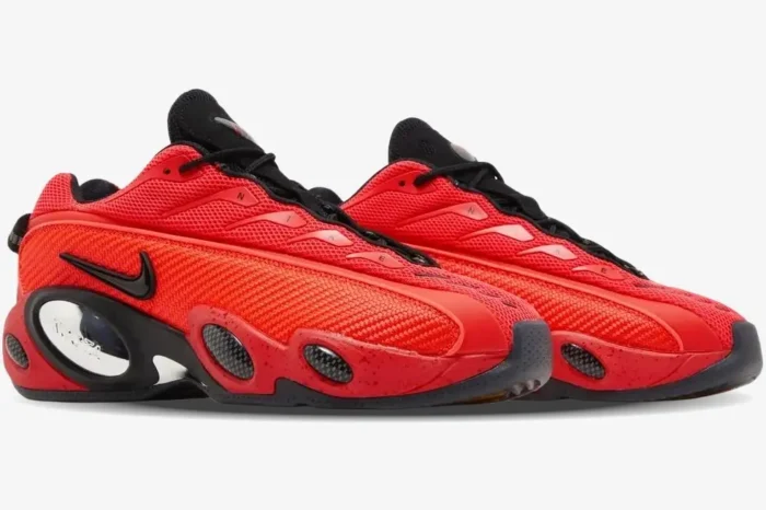 Nike Glide x NOCTA basketball shoes in bright red and black, featuring a side profile perspective. - SKU DM0879-600