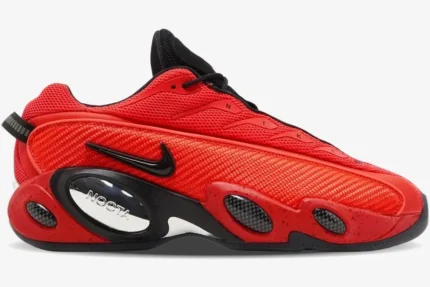 Nike Glide x NOCTA sneaker in red and black, side profile view showing chrome NOCTA branding. - SKU DM0879-600