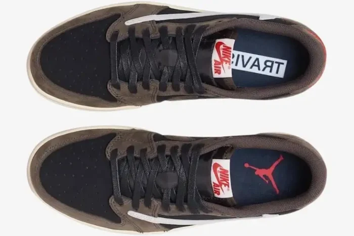 Top-down view of Air Jordan 1 Low x Travis Scott Dark Mocha sneakers with black panels and brown suede overlays. - SKU CQ4277-001