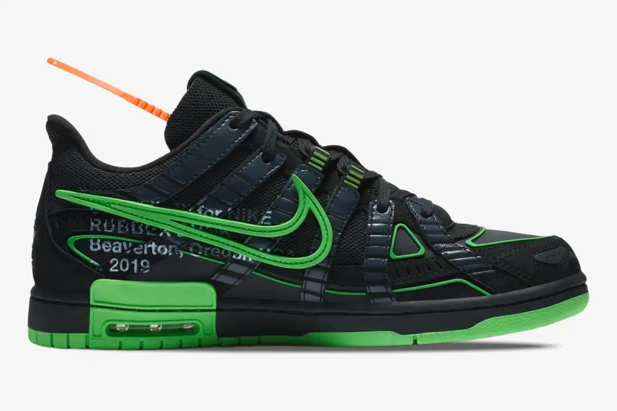 nike-off-white-rubber-dunk-green-strike-side-cu6015-001 Side profile of Nike Air Rubber Dunk x Off-White Green Strike sneakers with black mesh and neon green accents. - SKU CU6015-001