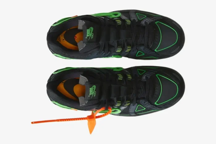 Top-down view of Nike Air Rubber Dunk x Off-White Green Strike sneakers in black and neon green. - SKU CU6015-001