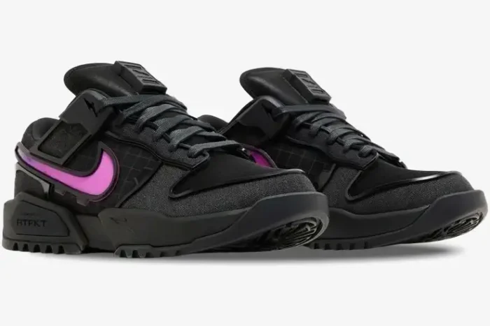 Nike Dunk Low x RTFKT Void Dunk Genesis sneakers in black and purple, three-quarter side view. - SKU HM4465-001