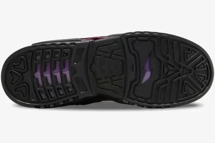 Bottom view of the black and purple outsole of the Nike Dunk Low x RTFKT Void Dunk Genesis shoe. - SKU HM4465-001