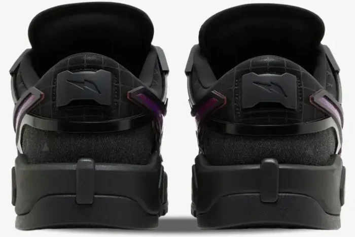 Rear view of black Nike Dunk Low x RTFKT Void Dunk Genesis sneakers with purple accents. - SKU HM4465-001
