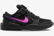 Side profile of Nike Dunk Low x RTFKT Void Dunk Genesis black sneaker with a vibrant purple swoosh. - SKU HM4465-001