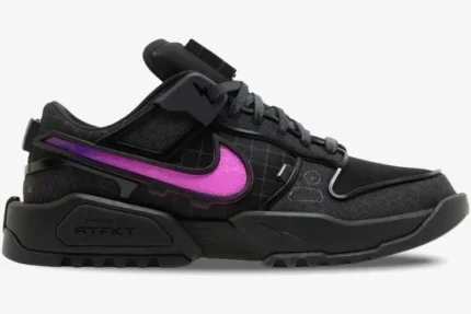 Side profile of Nike Dunk Low x RTFKT Void Dunk Genesis black sneaker with a vibrant purple swoosh. - SKU HM4465-001