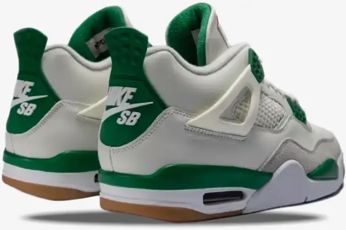Rear view of the Air Jordan 4 Retro x Nike SB Pine Green sneakers featuring green heel tabs and gum outsoles. - SKU DR5415-103
