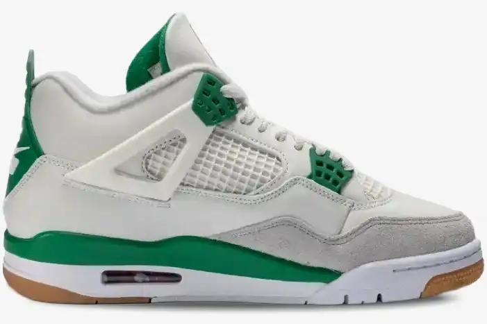 nike-sb-air-jordan-4-pine-green-side-view-dr5415-103 Side profile of Air Jordan 4 Retro x Nike SB Pine Green sneakers in white, grey, and green. - SKU DR5415-103