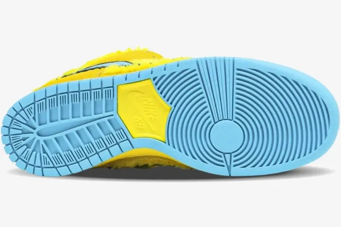 Bottom view of Nike SB Dunk Low x Grateful Dead Bears Opti Yellow showing blue and yellow outsole. - SKU CJ5378-700
