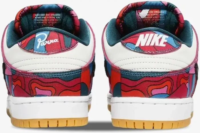 Rear view of Nike SB Dunk Low x Parra Abstract sneakers featuring colorful wavy patterns and gum outsoles. - SKU DH7695-600