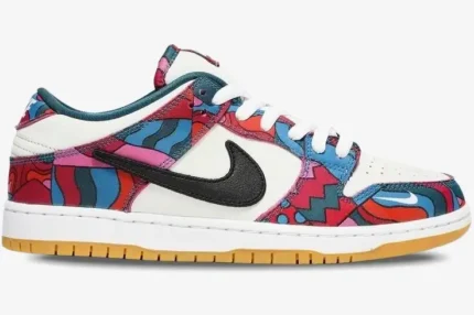Nike SB Dunk Low x Parra Abstract Art sneakers in a side profile view with colorful patterns and a gum sole. - SKU DH7695-600