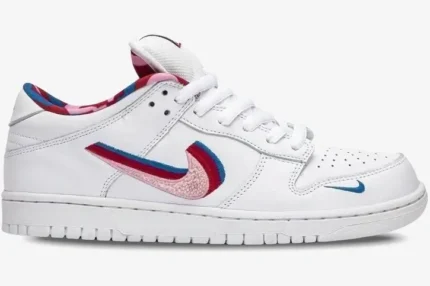 A side profile view of the Nike SB Dunk Low x Parra sneaker in white with a textured, multi-color Swoosh. - SKU CN4504-100