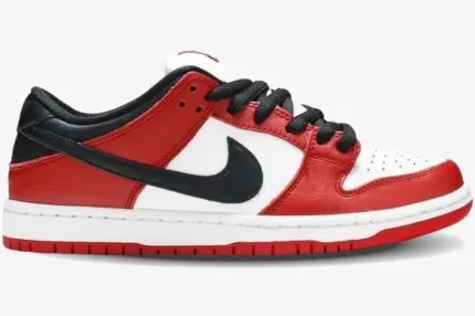 Side profile of Nike SB Dunk Low Pro Chicago J-Pack in red, white, and black with black laces. - SKU BQ6817-600