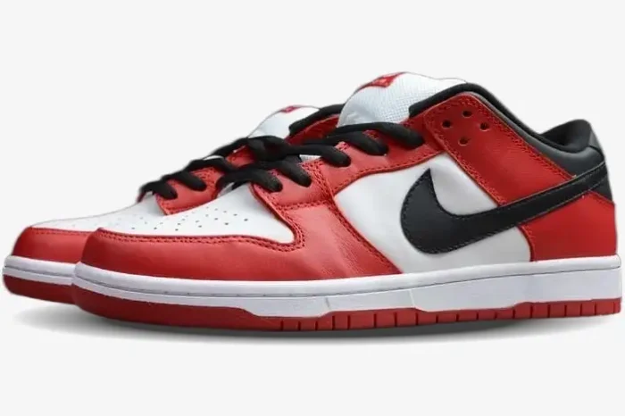 Nike SB Dunk Low Pro Chicago J-Pack sneakers in red, white, and black, side profile view. - SKU BQ6817-600