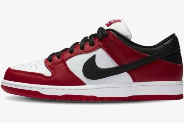 Side profile of Nike SB Dunk Low Pro Chicago J-Pack in red, white, and black leather. - SKU BQ6817-600