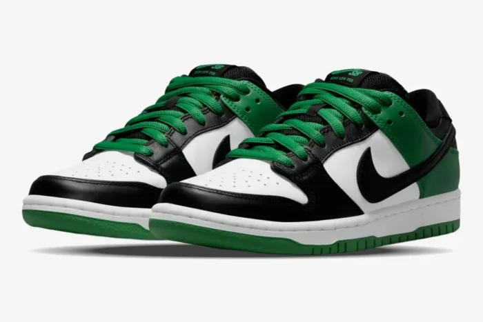 Nike SB Dunk Low Pro Classic Green sneakers in white, black, and green, three-quarter front view. - SKU BQ6817-302