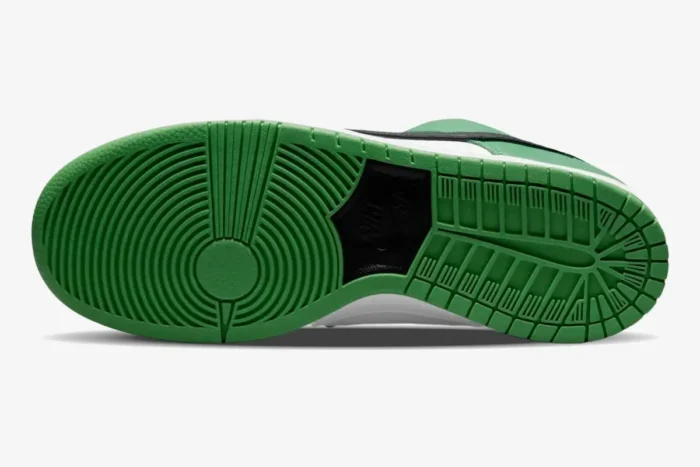 Bottom view of Nike SB Dunk Low Pro Classic Green showing green rubber outsole with traction pattern. - SKU BQ6817-302
