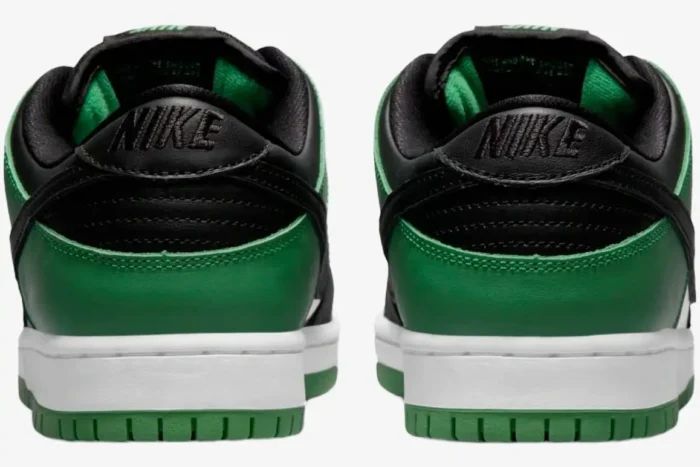 Rear view of Nike SB Dunk Low Pro Classic Green sneakers with black heel tabs and white midsoles. - SKU BQ6817-302