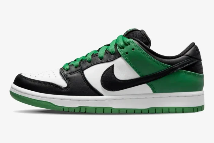 Nike SB Dunk Low Pro Classic Green sneaker in white, black, and green, side profile view. - SKU BQ6817-302