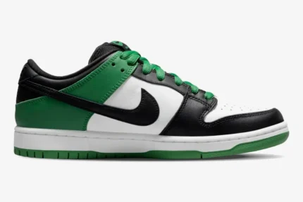 Nike SB Dunk Low Pro Classic Green sneaker in a side profile view featuring black, white, and green leather panels. - SKU BQ6817-302