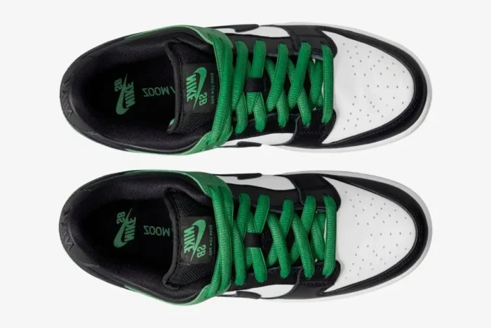 Top-down view of Nike SB Dunk Low Pro Classic Green sneakers with green laces and white toe boxes. - SKU BQ6817-302