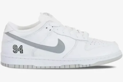 Nike SB Dunk Low x Supreme White Grey Limited Edition sneaker, side profile view with '94' embroidery. - SKU HQ8487100