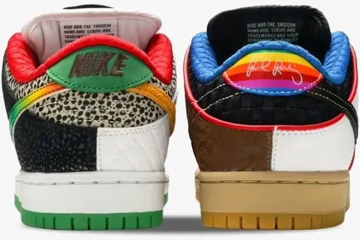 Rear view of mismatched Nike SB Dunk Low What The Paul sneakers with colorful patterns and textures. - SKU CZ2239-600
